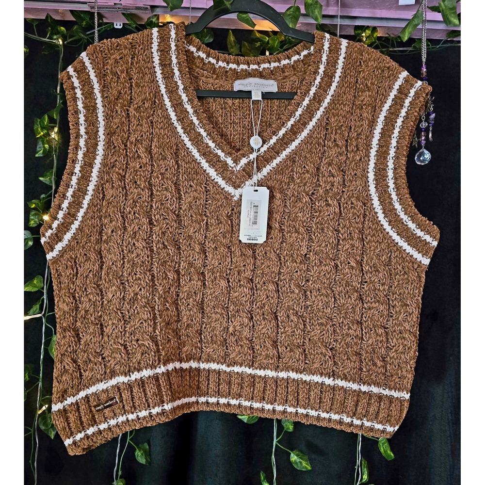 Simply Southern Umber Brown Chenille Cable Knit Varsity Sweater Vest XL NWT